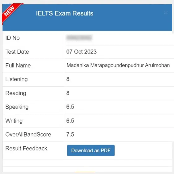 SSBE Academy student result card