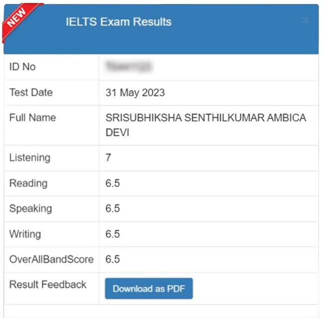 SSBE Academy student result card