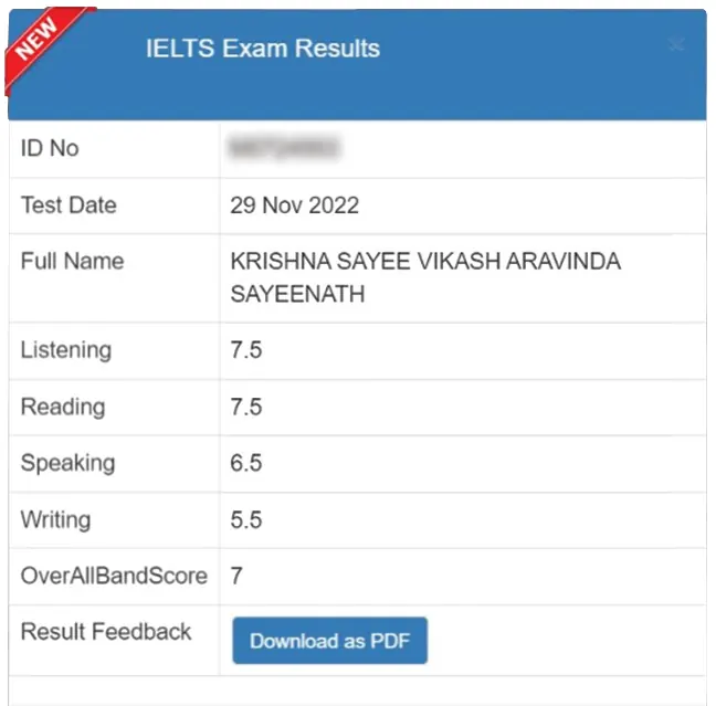 SSBE Academy student result card