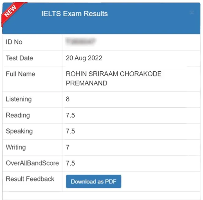 SSBE Academy student result card