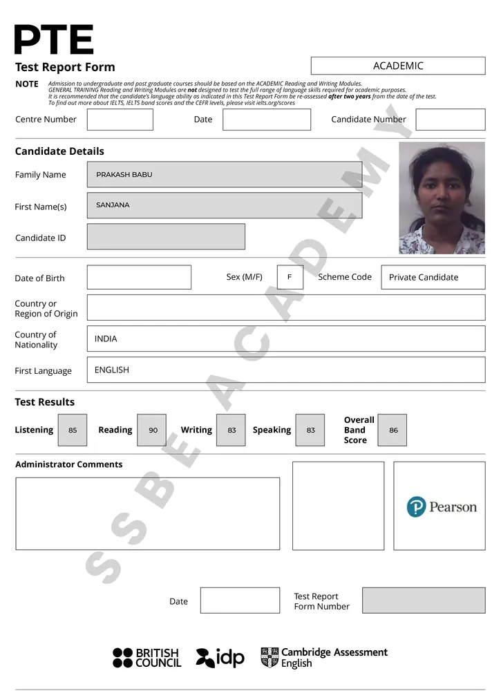 SSBE Academy student result card
