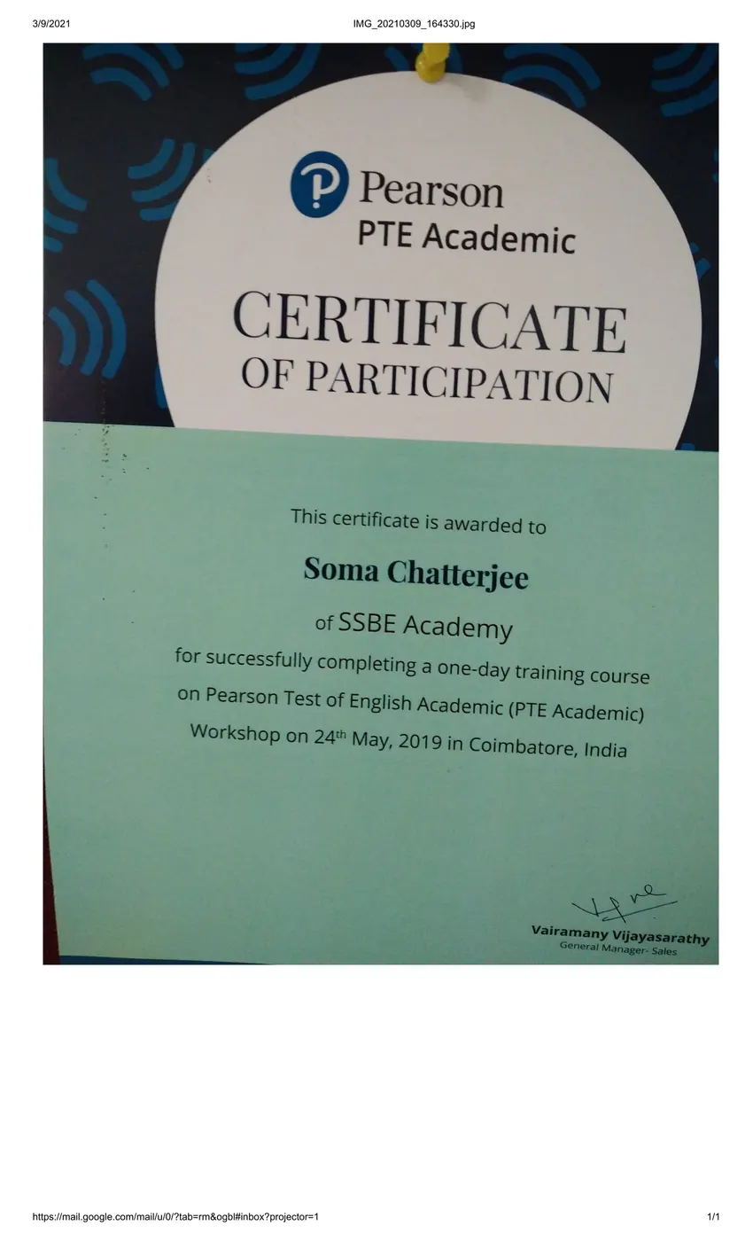 Pearson PTE Academic training certificate awarded to Soma Chatterjee of SSBE Academy